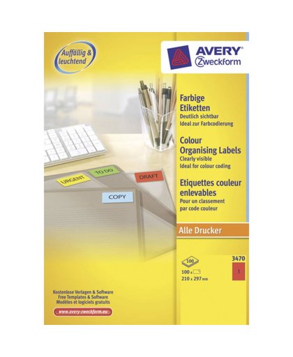 Avery Etiket Avery Zweckform 3470 210x297mm A4 rood 100stuks