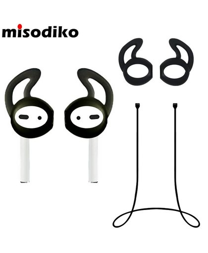 MyXL Misodiko Accessoires voor Apple AirPods, Silicone Anti Verloren Strap & Oor Skin Haken Cover, Airpod Kabel en Oorhaak Covers, zwart