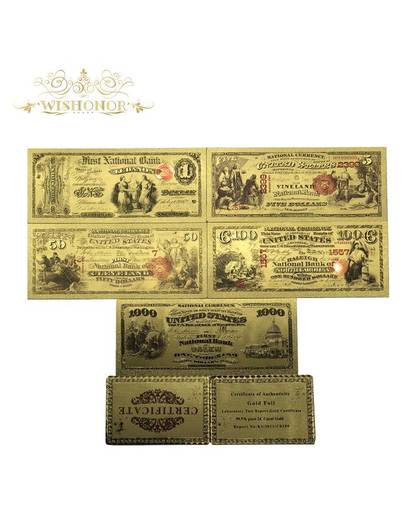 MyXL Beste Prijs Voor 1875&#39;s Amerikaanse Goud Bankbiljetten 1 5 50 100 1000 Dollar Bankbiljetten in 24 k Vergulde Papier Geld Voor Collectie