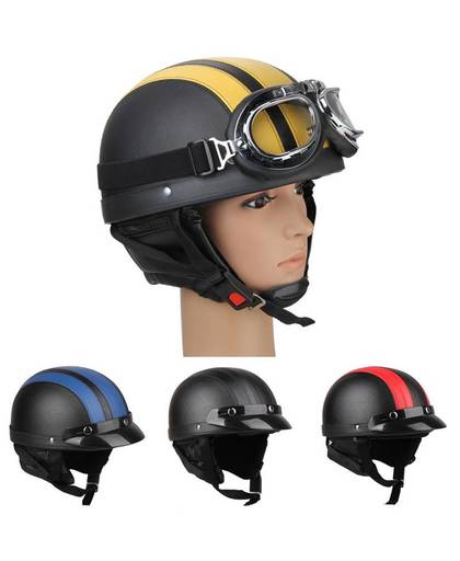 MyXL CARCHET Motorfiets Motor Open Helm Zwart + Vizier + Goggles Vrouwen Mannen UnisexStijlKoop Motor Half helmen