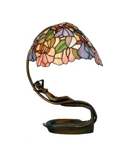 Clayre & eef tiffany bureaulamp luifel met metalen vrouw verwerkt in voet - oranjegroenroodpaarsroze - glasmetaal