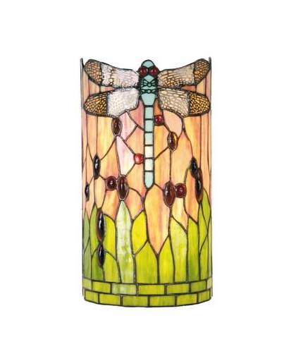 Clayre & eef tiffany wandlamp cilinder dragonfly blue serie - oranje, groen, multi colour - ijzer, glas