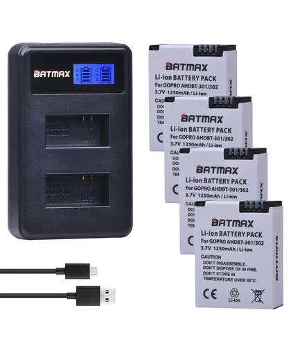 MyXL 4 Stks 1250 mAh Batterij + USB LCD Dual Charger voor Gopro 3 Batterij GoPro HERO3 +, HERO3 en GoPro AHDBT-201, AHDBT-301, AHDBT-302