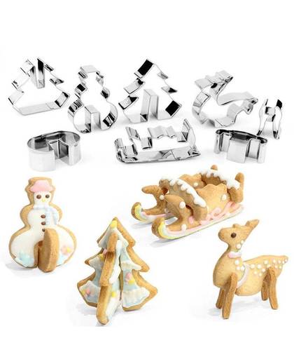 MyXL 8 Stuks 3D KERST Scenario Cookie Cutter Set Rvs Snowman Biscuit Schimmel Kerstboom Mold Herten Slee Snoep Cutter   Goldbaking