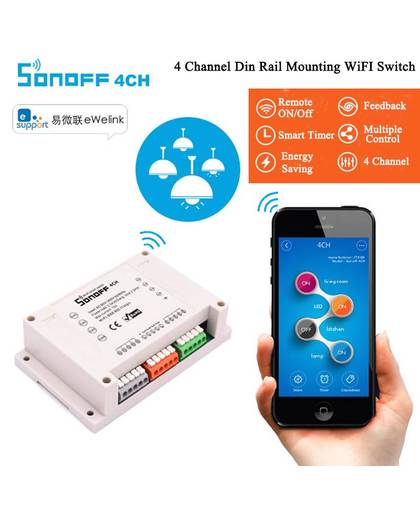 MyXL Sonoff 4CH Smart WiFi Schakelaar 4-Gang Draadloze Schakelaars Din Rail Montage Domotica op/off Telefoon afstandsbediening 10A/2200 W