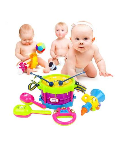 MyXL 5 stks kids toys plastic roll drum trompet cabasa tafelbel muziekinstrumenten band kit kinderen baby toysset