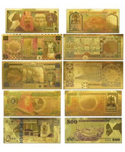 MyXL Saudi Arabië Goud Bankbiljet Set 5 stks Gekleurde 20-500 Riyals Gold Note Unieke