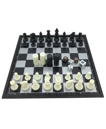MyXL 3 in 1 Schaken Sets Met Vouwen Schaakbord En Magnetische Stukken Plastic Schaken en Dammen en Backgammon Board Size: 25 cm x 25 cm