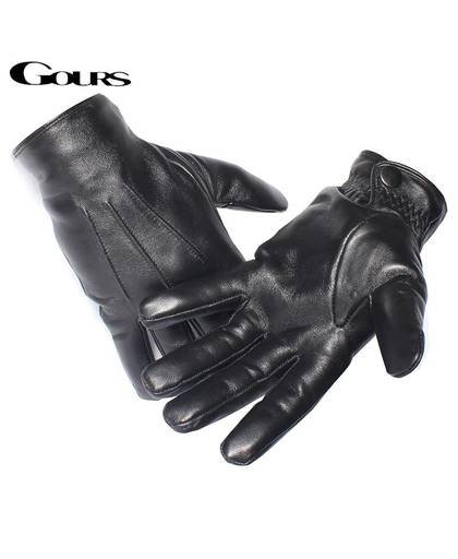 MyXL Gours mannen Lederen Handschoenen Real Schapenvacht Zwart Touchscreen Handschoenen Knop ModeWinter Warm MittensGSM050