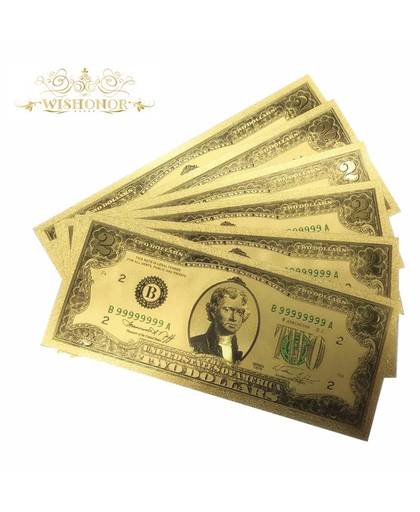 MyXL Wishonor 10 stks/partij Kleur USA Goudfolie Bankbiljet 2 dollar Bankbiljetten in 24 k Goud Papier Geld Voor Relatiegeschenk en Collectie