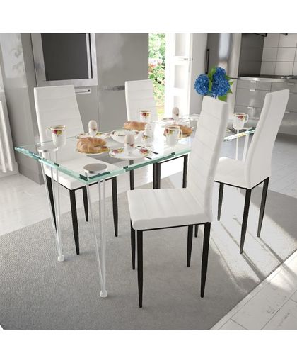 vidaXL Eetkamerset 4 witte slim line stoelen en 1 glazen tafel