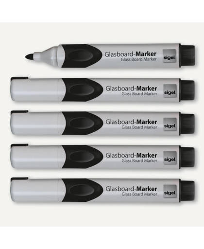 sigel Glasboardmarker Sigel 2-3mm ronde punt 5 stuks in etui zwart