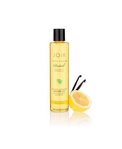 De Shower Oil Lemon & Vanilla Sunflower Almond Oil van JOIK is een luxueuze en zijdeachtige doucheolie, transformeert in zacht schuim bij aanraking met water en reinigt zachtjes. Een zachte, frisse geur van citroen is verzacht door zoete vanille en lavend