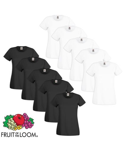 Fruit of the Loom 10 Ladies Round Neck T-shirt Cotton White/Black XL