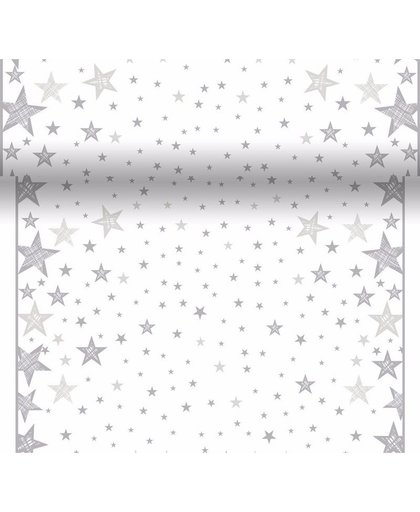Tafelloper kerstprint wit met zilveren sterren Wit