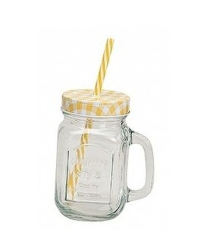 Geel/witte glazen drinkpotje met rietje 450 ml Geel