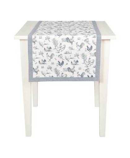 Mooi landelijk tafelloper met kippen motief afgewerkt met een leuk ruitjes patroon - 50 x 140 cm - Blauw