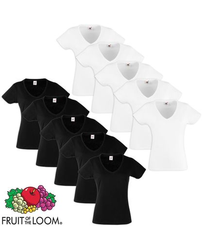 Fruit of the Loom 10 Ladies V-Neck Value Weight T-shirt White/Black XS