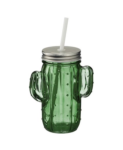 Glazen cactus drinkpotje/drinkglas met deksel 400 ml donkergroen Groen