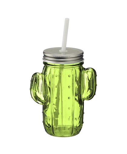 Glazen cactus drinkpotje/drinkglas met deksel 400 ml lichtgroen Groen