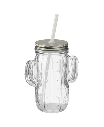 Glazen cactus drinkpotje/drinkglas met deksel 400 ml transparant Transparant