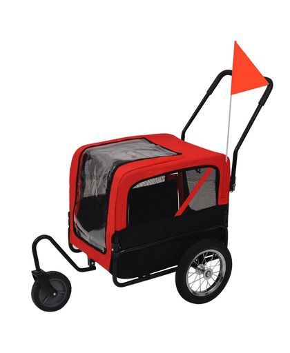 Huisdieren fietskar 2-in-1 aanhanger &amp; loopwagen rood en zwart