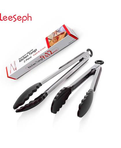 Leeseph Premium Siliconen Keuken Tang 2 Pak (9-Inch & 12-Inch), BBQ gereedschap, keuken accessoires, Zwart rood
