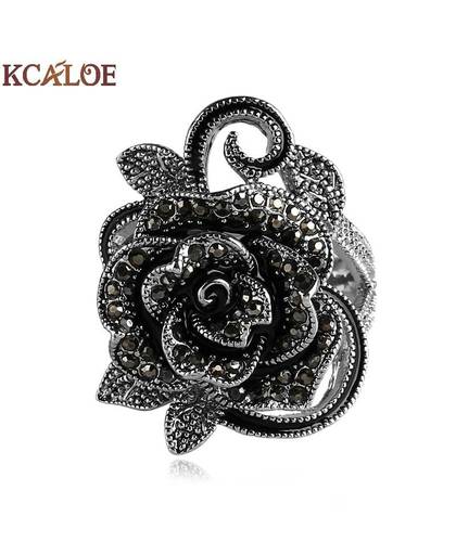 KCALOE Zwarte Bloem Ringen Voor Vrouwen Crystal Zirconia Vintage Sieraden Verzilverd Ringen Accessoires Aneis Feminino Ring
