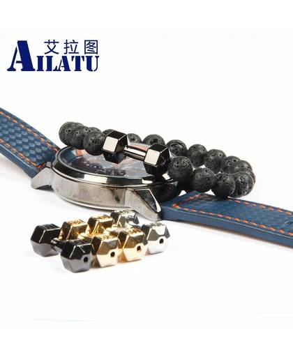 Dumbell Retail MensCollectie Legering Metalen Barbell & Lava Rots Kralen Fitness Mode Halter Armbanden 
 Ailatu