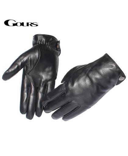 Gours mannen Lederen HandschoenenReal Schapenvacht Zwart Touchscreen Handschoenen Knop Winter Warme WantenGSM051