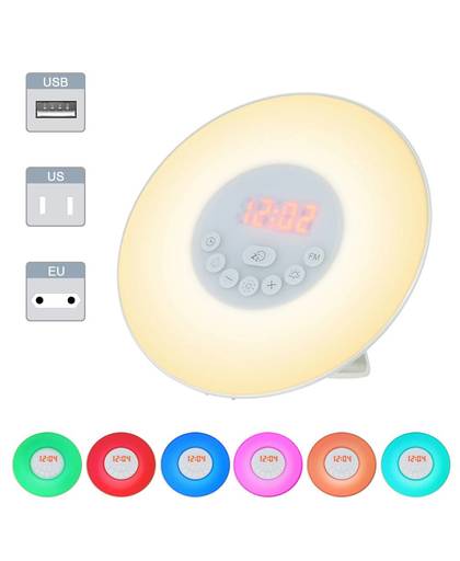 Wekker Digitale Klok met FM Radio 7 Kleuren Licht natuur Geluiden Snooze-functie Touch Control Wakker Licht Alarm klok