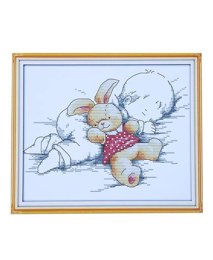 De baby slaapt met konijn pop 11CT gedrukt 14CT DMC geteld Kruissteek DIY Handwerkpakketten voor borduursteek cross set