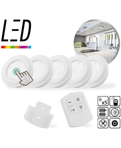 Led spots draadloos Puck lights 5 stuks + afstandsbediening - timer - dimmer - zelfklevend - spotjes