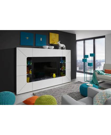 Sprint Media TV meubel in wit hoogglans met grijze en zwarte groeven met LED licht