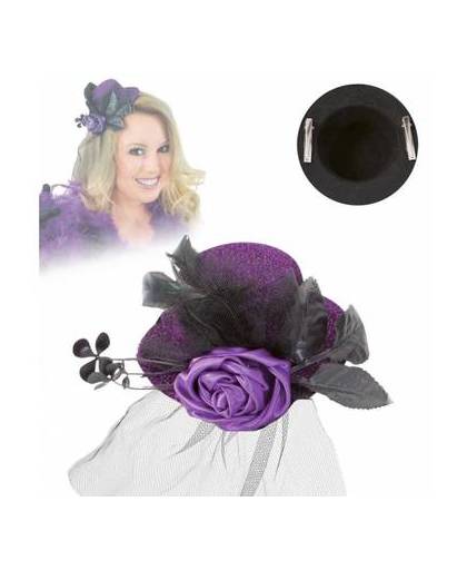 Mini hoed met roos en sluier paars