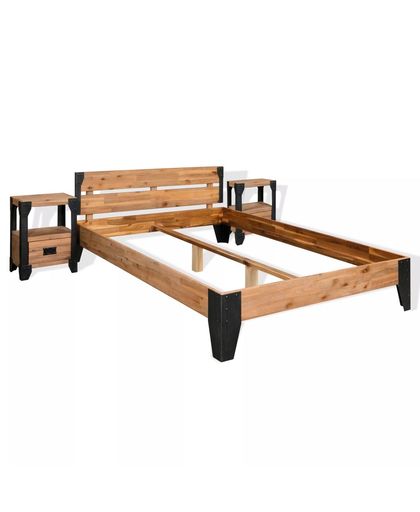 vidaXL Bed Frame with 2 Nightstands Solid Acacia Wood Steel 140x200 cm