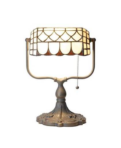 Clayre & eef tiffany tafellamp bankierslamp met trekschakelaar - oranje, brons, ivory - ijzer, glas