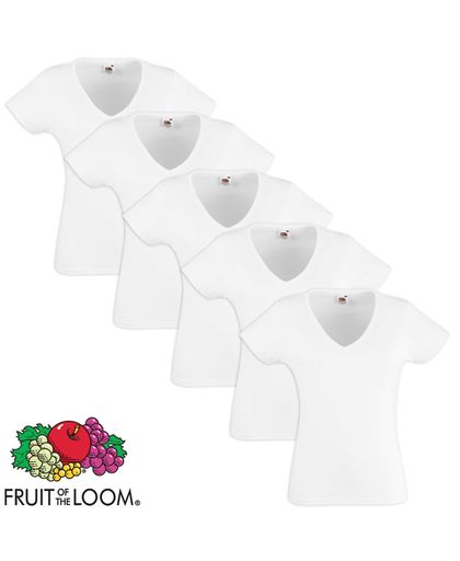 Fruit of the Loom 5 Ladies V-Neck Value Weight T-shirt White XL
