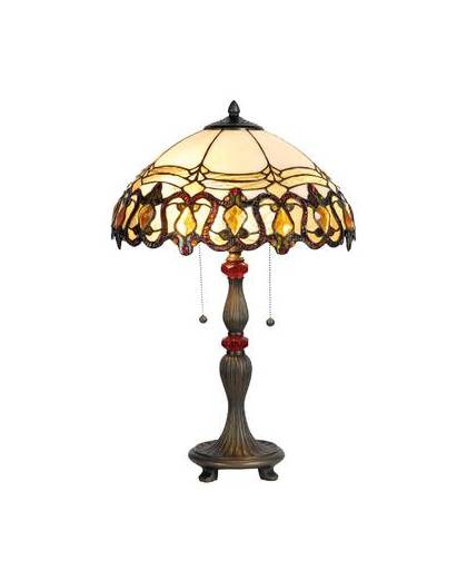 Clayre & eef tafellamp tiffany compleet ø 39x60 cm 2x e27 max 60w. - bruin, rood, geel, ivory - ijzer, glas