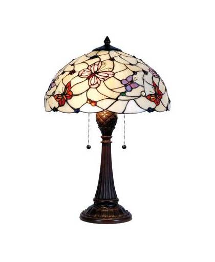 Clayre & eef tafellamp tiffany met vlinders compl. Ø 41x60 cm 2x e27/60w - bruin, wit, rood, aubergine - ijzer, glas