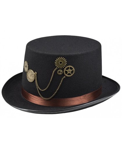 Vegaoo Zwarte Steampunk hoge hoed met tandwielen voor volwassenen One Size
