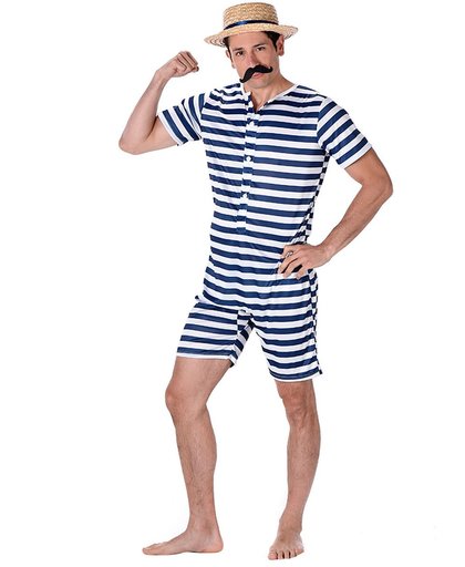 Vegaoo Blauw en wit gestreept retro zwem outfit voor mannen L