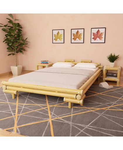 vidaXL Bamboo Bed with 2 Bedside Tables Natural 140x200 cm