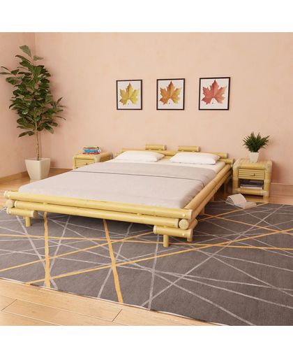 vidaXL Bamboo Bed with 2 Bedside Tables Natural 160x200 cm