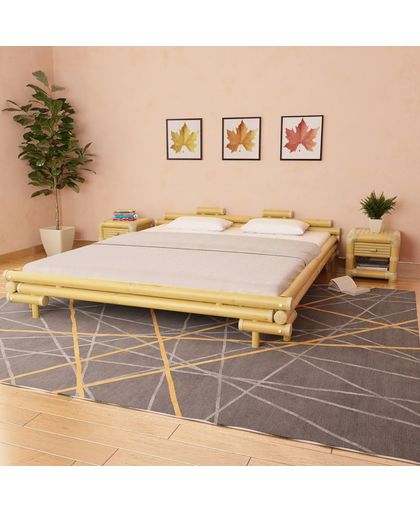 vidaXL Bamboo Bed with 2 Bedside Tables Natural 180x200 cm