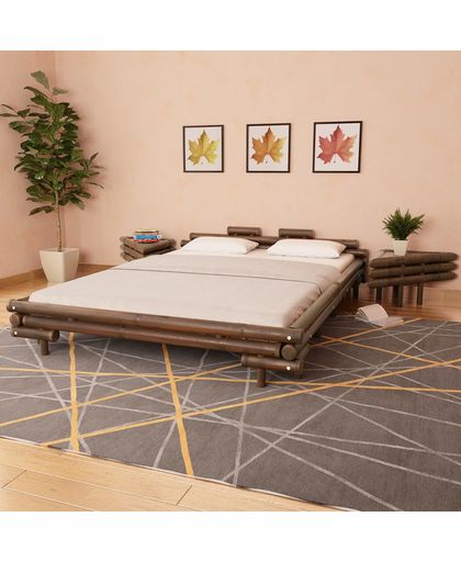 vidaXL Bed met 2 nachtkastjes bamboe donkerbruin 160x200 cm