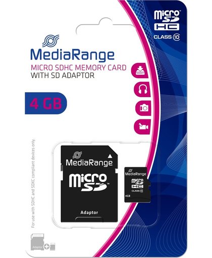 SD Micro SD Card 4GB MediaRange SD CL.10 inkl. Adapter