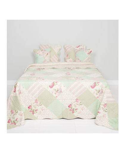 Clayre & eef bedsprei 140x220 - wit, groen, roze - katoen, polyester, 100% polyester, vulling 50% katoen / 50% polyester