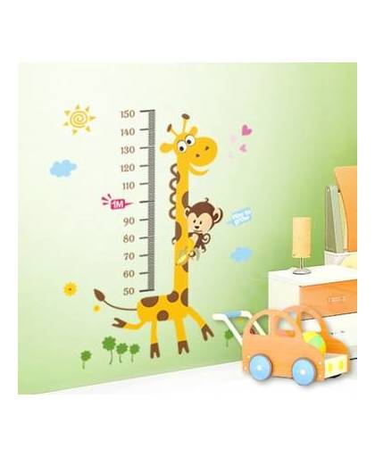 Vrolijke premium prachtige muursticker giraffe met lengtemaat dieren -