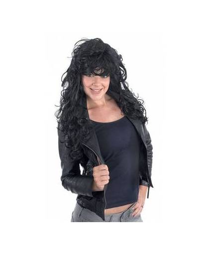 Lange rock chick pruik met zwart haar